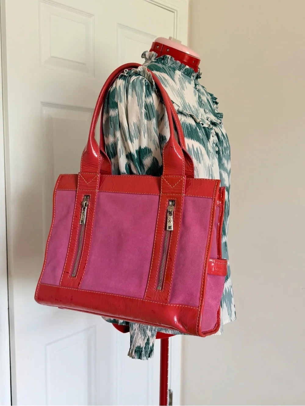 RARE Y2K Vintage Michael Kors Pink Suede Aviator Tote Bag Patent Leather Archive
